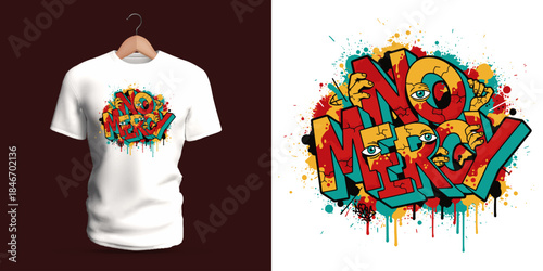 This vector T-shirt features graffiti lettering reading “No Mercy,” created with bold angular strokes, dripping paint, splattered accents, and sharp abstract fragments. The vivid contrasting colors