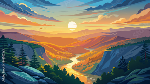 Very beautiful sunrise over the Appalachian Mountains and New River Gorge from Grandview Overlook, glowing clouds, layered valleys, and expansive natural beauty in vector illustration.