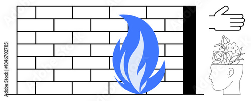 Brick wall and blue flame symbolize firewall security. Head with flowers highlights creativity and ideas. Hand gesture indicates protection. Ideal for innovation, safety, cybersecurity, growth