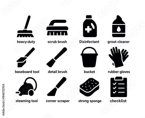 Deep Cleaning Icons. deep cleaning essentials. Solid icon set of