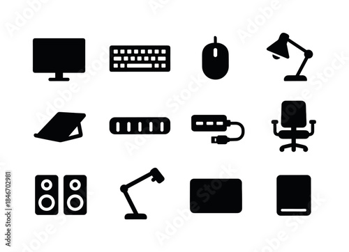 Desk Tech Icons. Desk tech setup. Solid icon set of Desk tech se