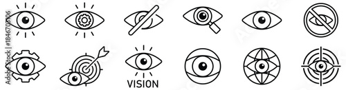 Vision Concept Outline Icon Collection. Eyesight, focus, accuracy, target, monitoring, and finding symbols in thin line style.