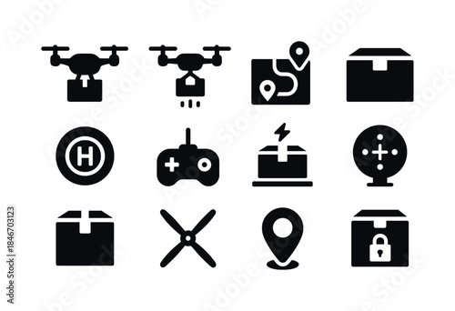 Drone Delivery Icons. Drone delivery services. Solid icon set of