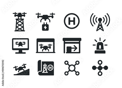 Drone Delivery Icons. Drone delivery infrastructure. Solid icon