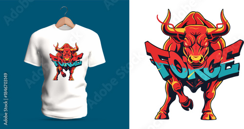 This vector T-shirt features a bull demon creature with graffiti lettering reading “Force.” The artwork includes muscular forms, fiery accents, dripping strokes, splattered paint, jagged fragmented