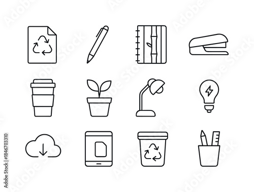 Eco Office Icons. Eco office supplies. Line icon set of eco offi