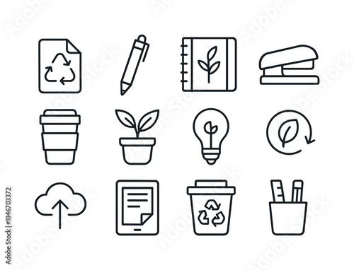 Eco Office Icons. Eco office supplies. Line icon set of eco offi