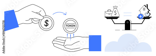 Token exchange concept. Hands trading digital token icons investment and value. Balance showing savings, investments, and assets. For blockchain finance, fintech, cryptocurrencies, investments