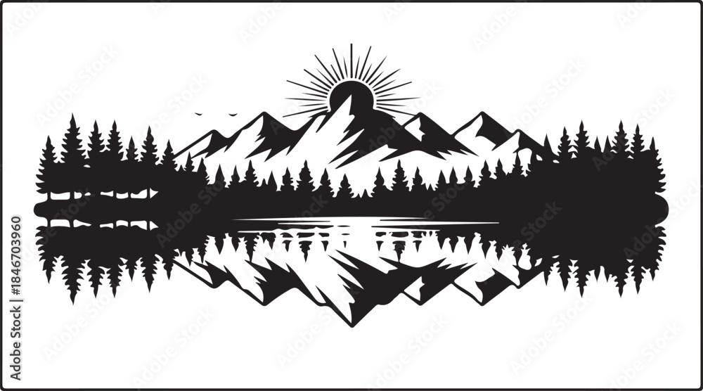 Obraz premium black silhouette of peaceful nature panorama on white background, vector