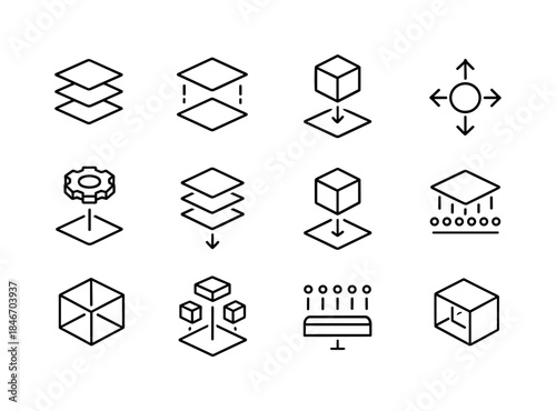 Exploded View Icons. Exploded view diagrams. Line icon set of Ex