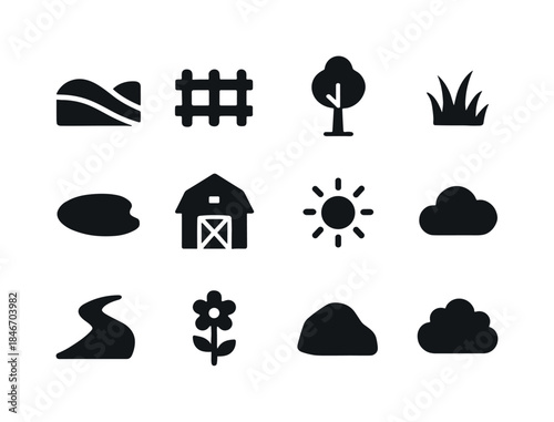 Farm Landscape Icons. Farm landscape. Solid icon set of farm lan