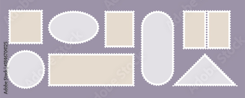 Postage stamp set with beige round and rectangular frames.Jagged wavy borders, vintage mail and postcard templates, retro letter elements, decorative vector shapes for posters and design