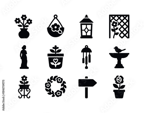 Floral Garden Icons. Floral Garden Decor. Solid icon set of Flor