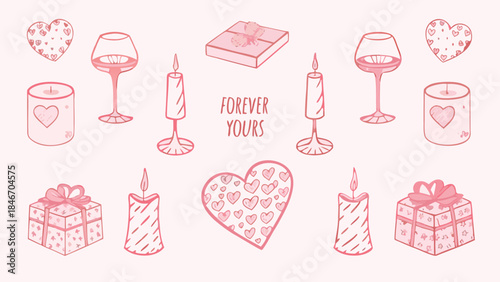 Romantic pink heart shaped candlesticks wine glasses gifts candles on a table with forever yours text