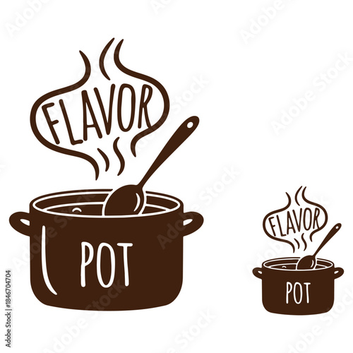 Illustrated cooking pot with flavorful steam and spoon perfect for culinary themes and kitchen decor