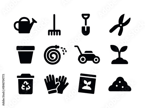 Garden Tools Icons. Garden upkeep. Solid icon set of garden upke
