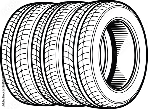 Professional Automotive Tire Set Illustrations: Stacked and Rowed Car Tires