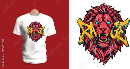 This vector T-shirt displays an enraged lion head with graffiti lettering reading “Rage.” The design blends thick outlines, expressive fur strokes, paint splashes, dripping accents,
