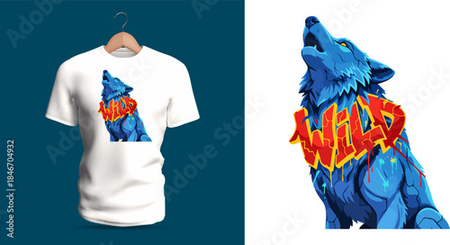 This vector T-shirt features a howling blue wolf with graffiti lettering reading “Wild.” The artwork includes expressive fur strokes, dripping accents, bold color contrasts, splattered textures