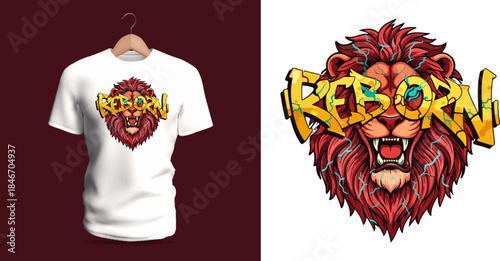 This vector T-shirt displays a roaring lion head with graffiti lettering reading “Reborn.” Bold outlines, layered fur strokes, dripping highlights, vibrant color blocking, and street-art splashes
