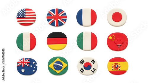 A vibrant collection of circular flags from various countries, crafted from colorful material, displayed against a white background.