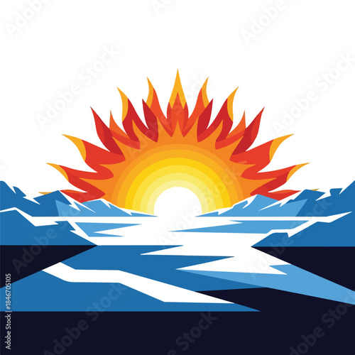 Digital illustration of a vibrant orange and yellow sun rising over a melting glacier with icy blue hues. Perfect for climate change presentations, environmental reports, and educational