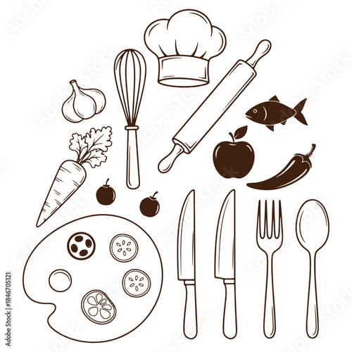Illustrated culinary tools and ingredients set featuring chef hat rolling pin and assorted fruits and vegetables