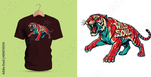 This vector T-shirt features a roaring stylized tiger with graffiti lettering reading “Wild Soul.” The artwork combines sharp muscular lines, dripping accents, splattered colors, vivid contrasts