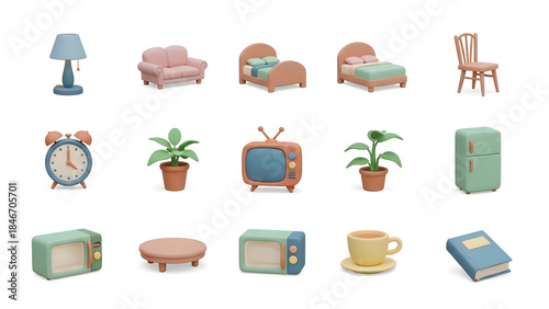 A collection of charming, stylized 3D models of home furniture and decor items, creating a whimsical and inviting atmosphere.
