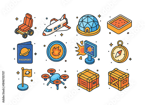 Interplanetary Tourism Icons. Interplanetary Tourism. Colorful i