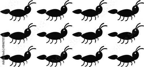 A simple, repeating pattern of black ant silhouettes arranged in a grid on a clean white background