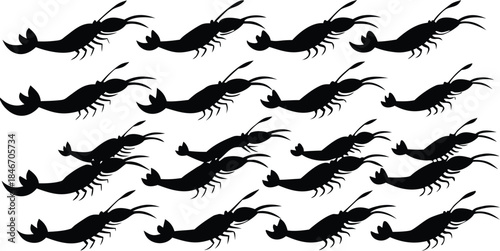 Repeating vector pattern of black shrimp silhouettes swimming in rows on a white background