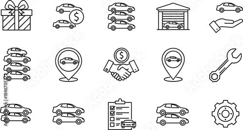 Car dealership, automotive sale, and rental line icons set including garage, repair, insurance, inspection, and vehicle service signs.