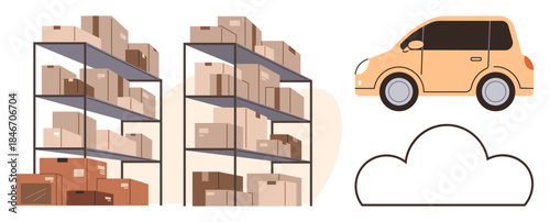 Warehouse shelves stacked with boxes, small delivery car, and cloud outline. Ideal for logistics, e-commerce, delivery management, inventory, supply chain automation online storage. Simple flat