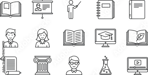 Education and online learning line icons set including book, student, teacher, science, graduation cap, computer, and history symbols.