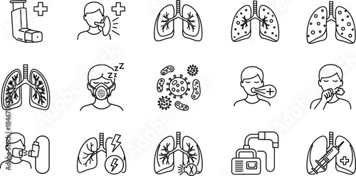 Respiratory health and lung disease line icons set including asthma inhaler, pneumonia virus, breathing mask, nebulizer, and coughing signs.