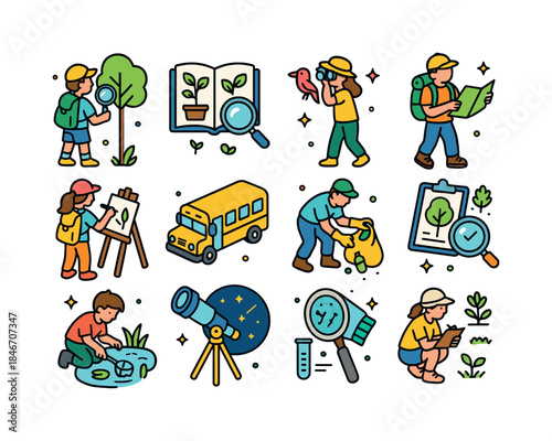 Outdoor Education Icons. Outdoor education. Colorful isometric v