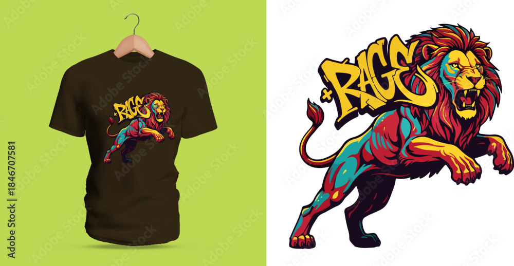 Fototapeta premium This vector T-shirt shows a charging lion paired with bold graffiti “Rage.” Explosive colors, sharp outlines, dripping accents, and dynamic movement create a fierce street-art composition full