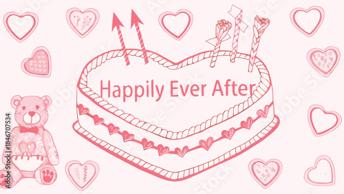 Heart shaped wedding cake with arrow decoration and teddy bear on pink background for valentines day