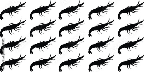 Repeating black shrimp silhouettes forming a high-contrast pattern