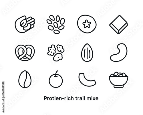 Protein-Rich Snack Icons. Protein-rich trail mixes. Line icon se