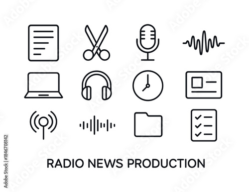 Radio News Icons. Radio News Production. Line icon set of Radio