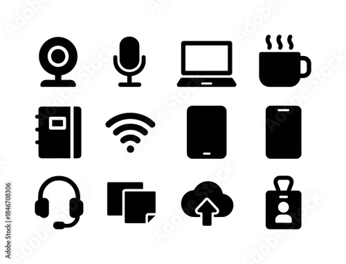 Remote Work Icons. Remote work essentials. Solid icon set of rem