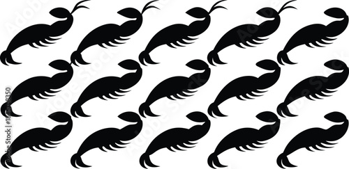 A repetitive pattern of black shrimp silhouettes on a white background