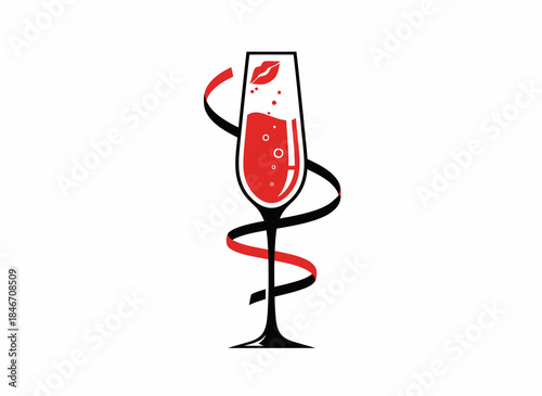 Champagne flute with red ribbon and kiss mark, symbolizing celebration and romance