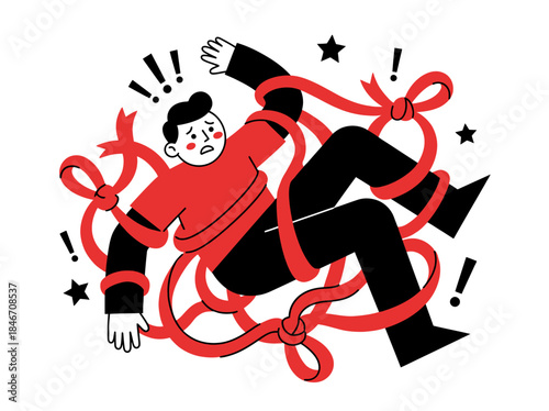 Vector illustration of a stressed person tangled in red ribbons, symbolizing overwhelming pressure, feeling trapped, and struggling with demanding obligations and deadlines