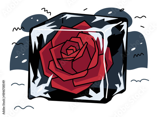 A frozen rose encased in ice, symbolizing preserved beauty and delicate moments