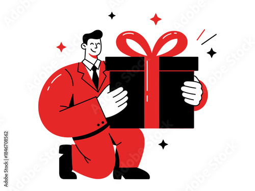 Enthusiastic businessman in a vibrant suit kneeling and presenting a large gift box, symbolizing reward, celebration, or a special offering in a modern flat vector style