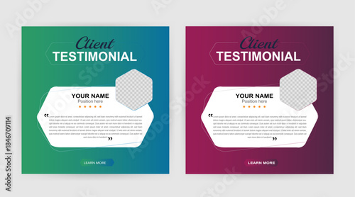 Professional Client Testimonial Social Media Template Bundle Featuring Modern Gradient Backgrounds, Geometric Hexagon Photo Frames, and 5-Star Rating Feedback Layout.