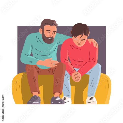 Father supporting teenage son while sitting together